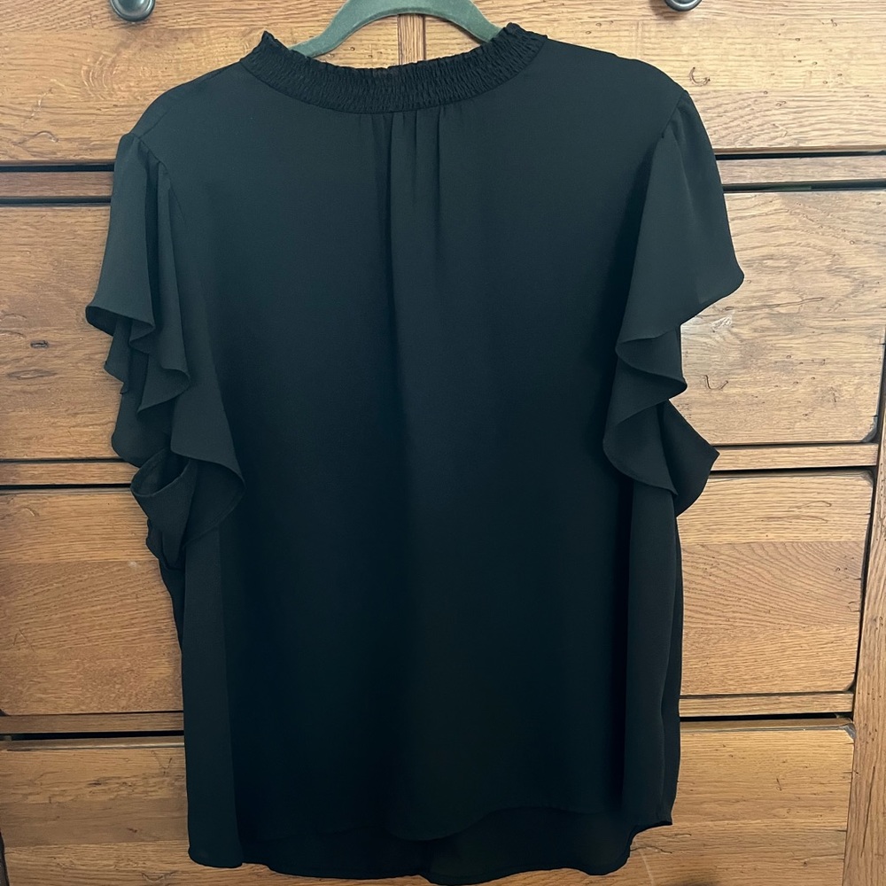 Black ruffle sleeve, cinch collared blouse